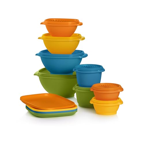 Image of Tupperware Heritage Retro Collection, Bowls & Plates, 20 Piece Food Storage Container Set in Retro Colors, Dishwasher Safe and BPA Free
