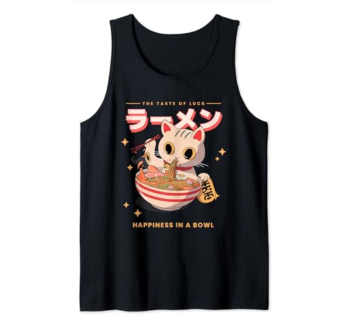 Japonés Ramen gatos Anime Japón Maneki-neko gato de la suerte Kawaii Camiseta sin Mangas