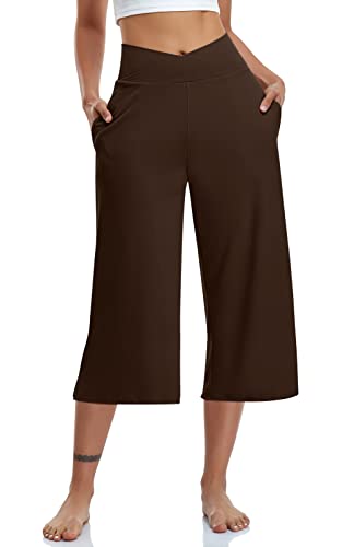 Image of TARSE Womens Casual Wide Leg Yoga Capris Crossover High Waist Capri Pants Loose Soft Pajama Pockets Sweatpants