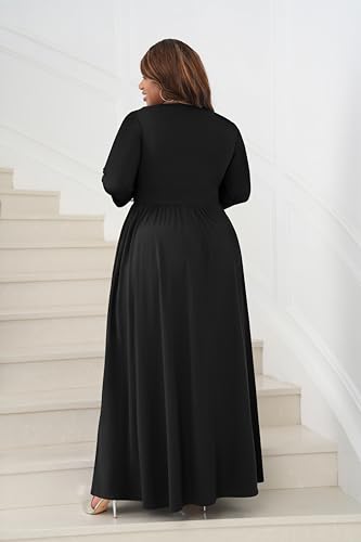 Image of Runwind Plus Size Maxi Dress 3 /4 Sleeve V-Neck Pleated Faux Buttons Pockets