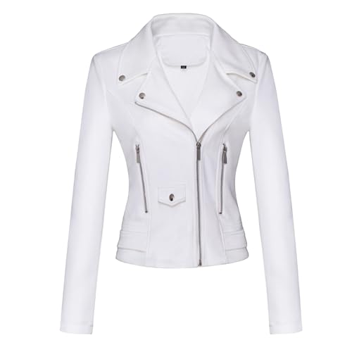 OULIWANGLUO Damen Reverskragen Casual Lederjacke Frühling Herbst Leichte Kunstlederjacke Slim Sexy Bikerjacke (Weiß,S)
