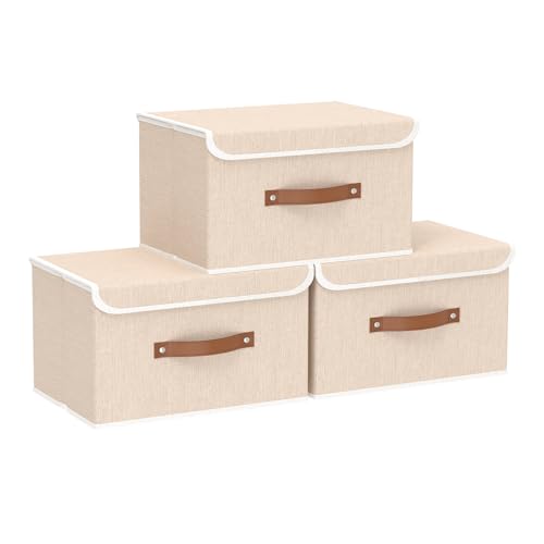 Yawinhe Lot de 3 Boîte de Rangement, Pliable de avec Couvercle, pour Serviettes, Vêtements, 33x23x20cm, Beige, SNK018BE-S