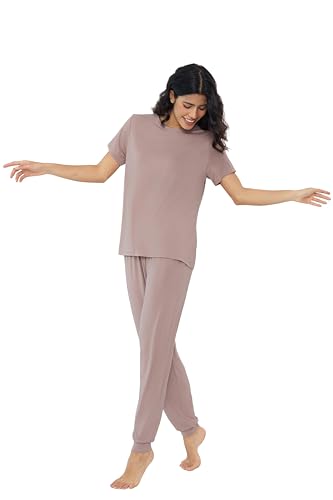 Image of Joyaria Women's Bamboo Viscose Cooling Pajamas Short Sleeve Crewneck Top & Jogger Pajama Pants with Pocket S-XXL