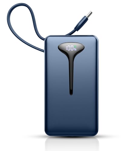 Power Bank, 10000 mAh Mini Cargador Portátil 22,5 W Carga Rápida, Ultra Portátil Powerbank con USB C Cable Integrado, Batería Externa de 3 Puertos Salida para iPhone 16 Samsung Xiaomi Android iPad