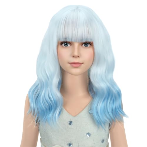 Image of PATTNIUM Girls White Ombre Blue Short Wavy Curly Wig with Bangs Kids Ombre Blue Bob Wigs Synthetic Halloween Costume Cosplay Party Wigs