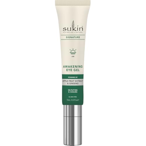 Sukin Awakening Eye Gel 15mL, Cooling Metal Tip Applicator with Caffeine & Ginseng for Dark Circles & Puffiness