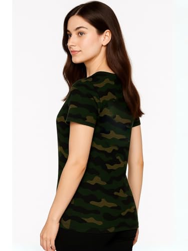 Image of LEOTUDE Half Sleeve Regular Fit Tshirt for Women, Round Neck Half Sleeves Military Printed Tshirt Tops for Women