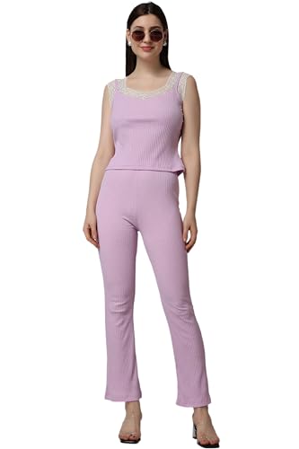 Image of POPWINGS Casual Lavender Solid Rib Crop Top and Trouser Co-ord Set for Women