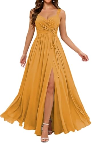 Robe de demoiselle d'honneur longue en mousseline de soie avec fente latérale ZMKI741