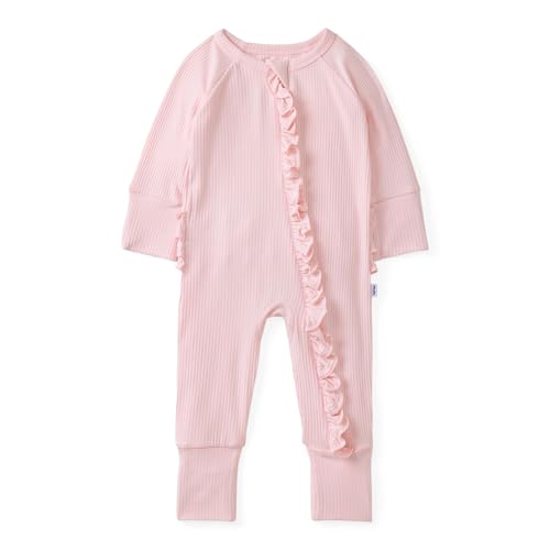 Little Sleepies Ruffle Zippy, Newborn Pajamas, Viscose from Bamboo Baby Pajamas, Girls Preemie Newborn Sleepers, 2-Way Zipper, Prima Pink Ribbed, 6-9M