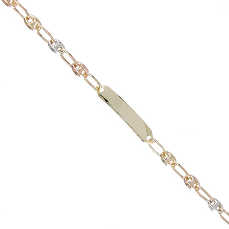 Bracelet Enfant Or Tricolore - Jaune, Blanc, Rose - Gourmette - Maille Grain de Café - Gravure Offerte