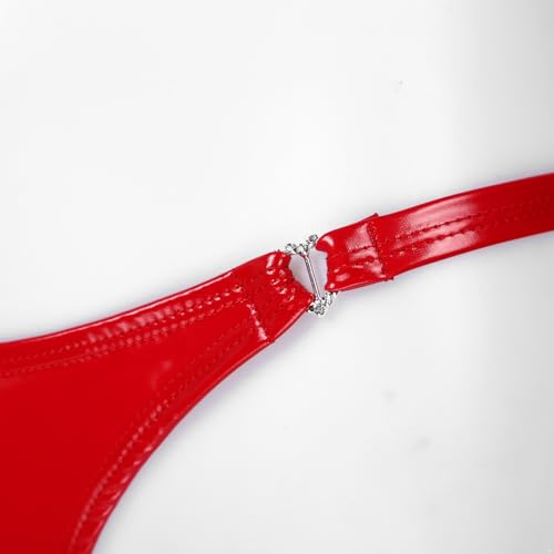 Linyuir Femmes Wetlook String Tanga Sexy Mini Slip Noir Effet Cuir Hipster Shorts Coupe Haute Lingerie Sexy Gogo Clubwear Rouge S – vue 5