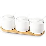 ONTUBE Ceramic Condiment Jar Set of 3 with Tray, Condiment Pot With Spoon and Lid, Seasoning Box,Sugar Bowl, 8oz (White)