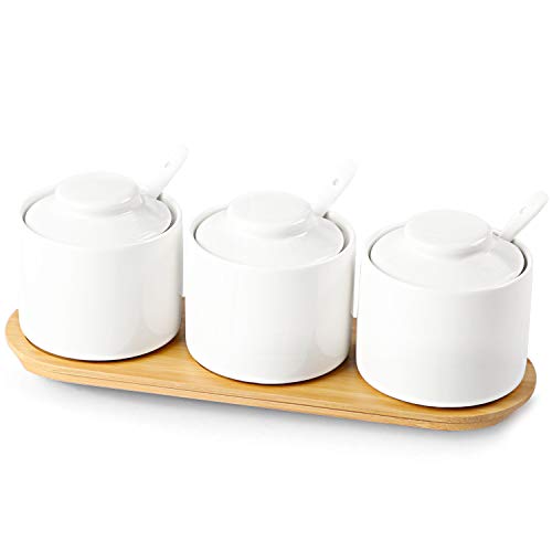 ONTUBE Ceramic Condiment Jar Set of 3 with Tray, Condiment Pot With Spoon and Lid, Seasoning Box,Sugar Bowl, 8oz (White)