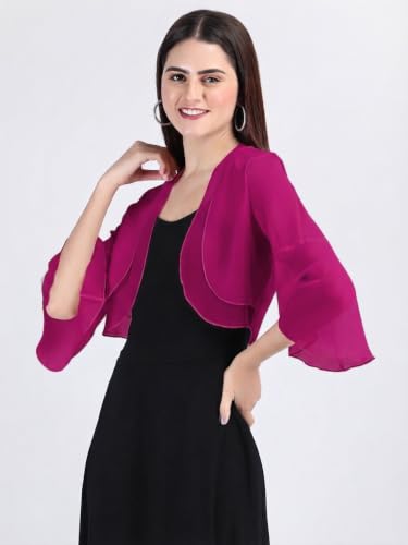 Image of AOL Women's Cropped Layered Lightweight Sheer Three-Fourth Bell Sleeves Georgette Open Neck Shrug Bolero