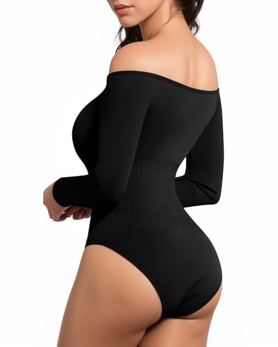 MANGOPOP Shapewear Tummy Control Bodysuit Off The Shoulder Long Sleeve Body Suits for Womens Ribbed Seamless Tops3