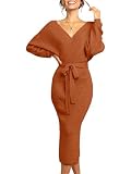 Womens Maxi Sweater Dress Long Sleeve Batwing Wrap V Neck Fall Dresses Rust
