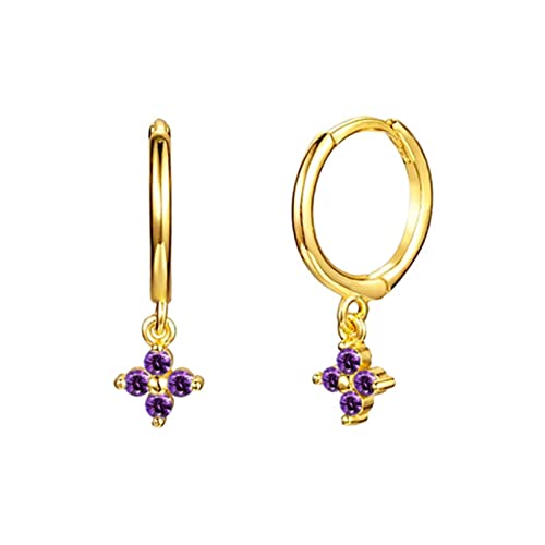 Boucles d'oreilles créoles en Argent 925 doré avec pampille rectangle violette raffinée