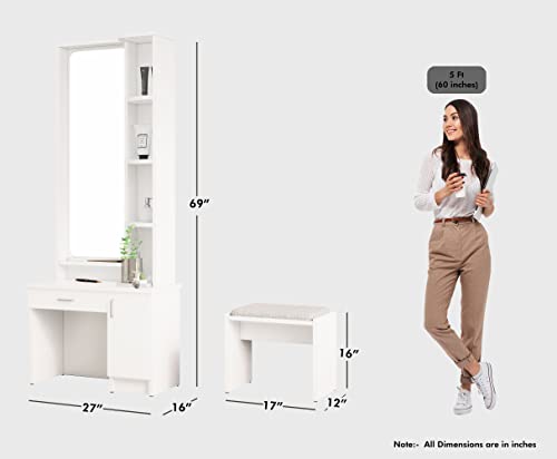 Image of Bniture Wooden Dressing Table for Bedroom with 1 Drawer, Mirror and Huge Storage Space with Stool | Long Dresser Vanity Table with Mirror(40D x 68W x 175H CM) (Frosty White)