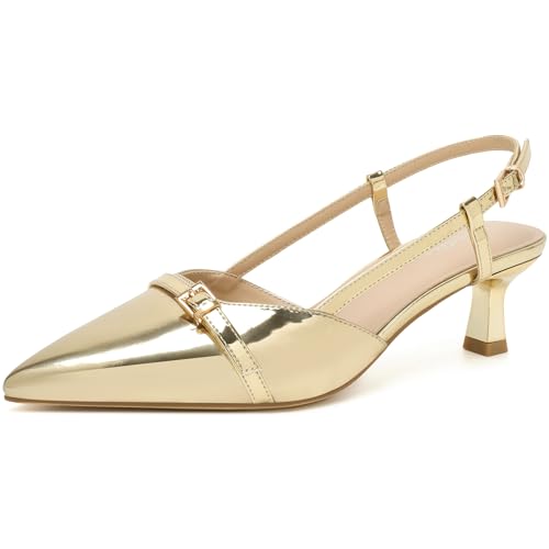 Image of Mostrin Kitten Heels for Women Pointed Toe Pumps Patent Leather Low Heel Slingback Heels with Buckle Dress Shoes for Dating Party Working