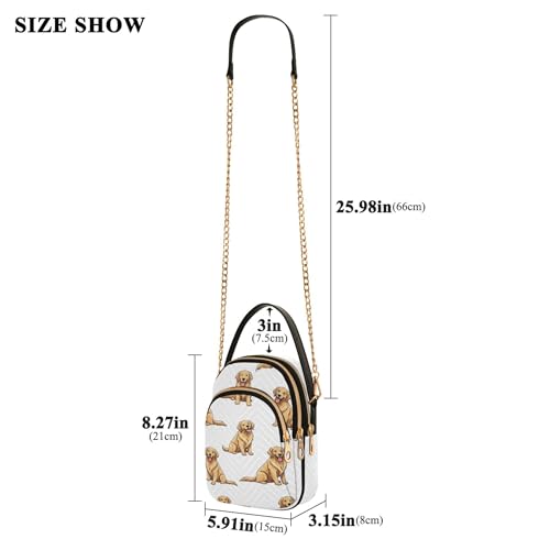 Cute Golden Dogs White Shoulder Handbag Women Cell Phone Wallet Chain Purse Floral Print Designer Satchel Crossbody Bag, 5.9" × 8.3" × 3.1"3