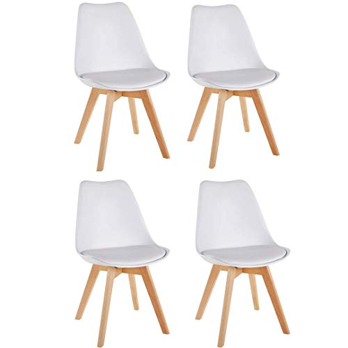 Millhouse Dining Chair with Solid Wood Legs and Cushioned Pad, Contemporary Designer for Lounge, Office, Kitchen (White, Set of 4)