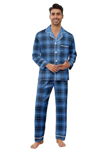 Mens Plaid Button Front Flannel Pajamas Set Cotton Pjs Warm Soft Lounge 2 Pieces Sleepwear Top with Pockets & Pj Pants