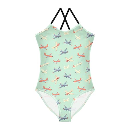 senya Girls Swimsuits One-Piece Swimwear Tie Bathing Suit Beach Summer Round Neck 7-8T Airplane Green Background Pattern
