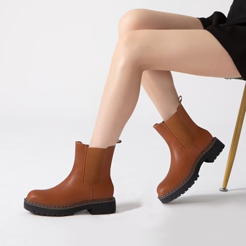Athlefit Chelsea Ankle Boots for Women Platform Lug Sole Brown Boots Comfortable Slip On Fall Dress Short Booties Size 7 — view 6