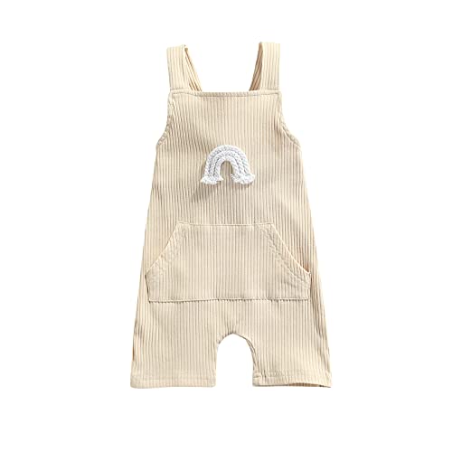 FYBITBO Newborn Infant Girl Boy Clothes Rainbow Jumpsuit Shorts with Pocket Cotton Overalls Summer Ribbed Outift (6-12 Months,Off-White)