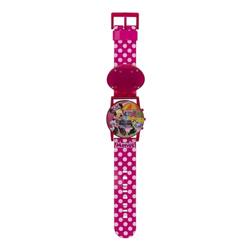 disney minnie mouse kids flashing musical watch with sound effects colorful led lights interactive flip cover easy digital time display adjustable pink polka dot strap fits wrists 5534 to 834