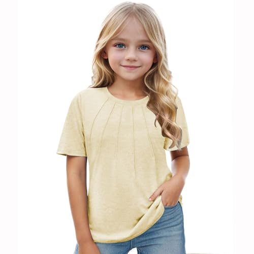 Girls Pleated T Shirt Crew Neck Short Sleeve Tunic Tee Kids Solid Color Slim Fit Breathable Casual Tops Blouses3