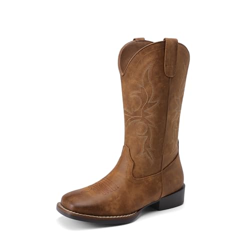 DREAM PAIRS Women's Cowboy Cowgirl Boots Embroidered Square Toe Mid Calf Western Boots Fashion Dress Chunky Low Heel Shoes for Theme Party Country Concert,Size 8.5,Brown,DWUMMB2516