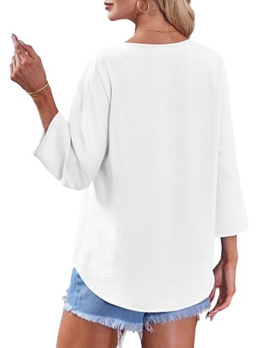 Image of OFEEFAN Button Down Shirts for Women 3 /4 Length Sleeve Tops V Neck Blouses Business Casual Outfits Loose Fit