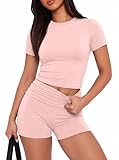 IWOLLENCE Lounge Set Damen Loungewear Sommer Zweiteiler Hausanzug Kurzarm Oberteil mit Breitem Elastischem Hosenbund und Shorts Sport Set (Rosa, S)