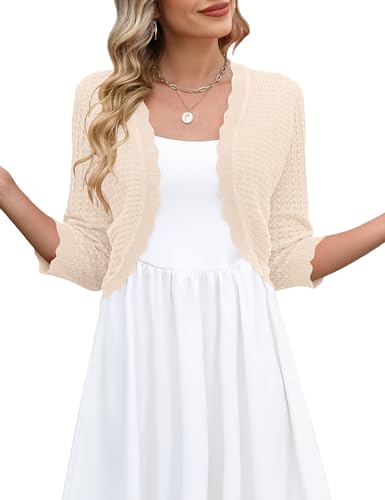 LOMON Womens 3/4 Sleeve Cardigans for Women Trendy Cropped Bolero Shrug Light-Weight Open Front Crochet Knitted Sweater, XL Apricot