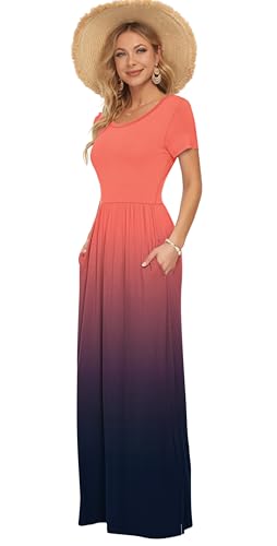 Image of AUSELILY Women's Summer Short Sleeve Loose Plain Casual Long Maxi Dresses | Year Round wear solid floral print, Casual wear, Empire waist, Floor length, Side pockets