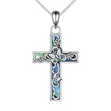 YAFEINI Collar de cruz de plata de ley con colgante de cruz de girasol, concha de abulón, joyería religiosa, regalos para mujeres y hombres, No es una piedra preciosa