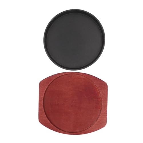 EPIGEIST Thickened Cast Iron Fajita Plate with Wooden Base Non-Stick Round Sizzling Steak Skillet for Home Cooking Compatible with Induction and Gas Stoves Griddle Pan for Family BBQ and