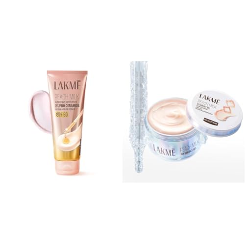 Image of Lakme Peach Milk Sunscreen Moisturiser SPF 50 PA with 2% Pro-Ceramides Peptides Lakmē Peach Milk Icy Sorbet Gel: First Ever Cooling Face Moisturizer with 2% Pro-Ceramides, Peptides