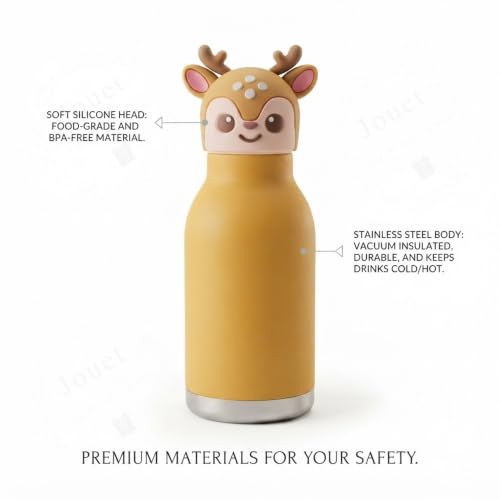 Image of JOUET Kids 400ml Stainless Steel Water Bottle with Deer Design, Leakproof Drinking Bottle for School, Sports & Travel