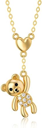 WSX 14k Teddy Bear Pendant Charm Necklace for Women Diamond Simulated Yellow Gold Animal Jewelry Gift for Her