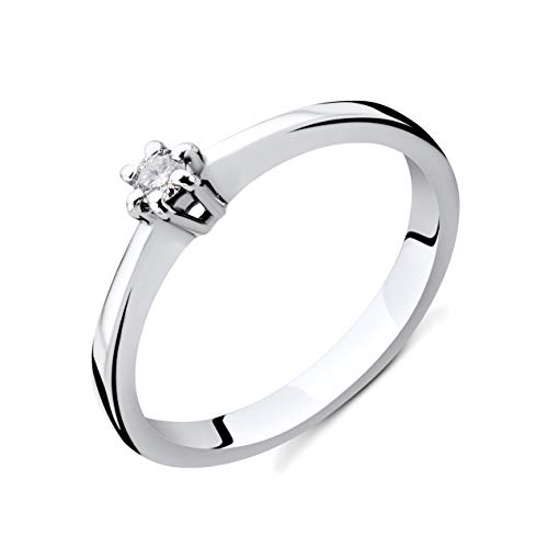 Miore Bague Femme Bague de Fiançailles Solitaire avec Diamant 0.07 Ct en Or Blanc 9 Carat / 375 Or, Bijoux