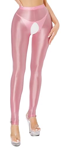Women's Shiny High Waist Tights Oil Glossy Opaque Pantyhose Sexy Open Crotch Footless Yoga Leggings Pants