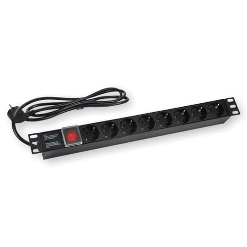 KOSCOM 19 Zoll Steckdosenleiste 8-Fach Schuko mit Schalter 1HE PDU für Netzwerkschrank & Serverschrank Rack Steckdosenleiste 19 Zoll montierbar 3300W 16A 1 8m Kabel Schwarz