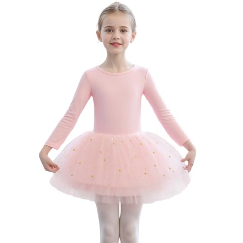 Toddler Girls Ballet Leotard Long Sleeve Tutu Dress with Shiny Skirt Kids Ballerina Dance Outfits, Ballet Pink, 4 Years