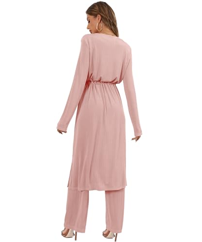 Image of 3 Piece Lounge Sets for Women Airport Travel Outfit | Long Cardigan,Tank Top ,Wide Leg Pants with Pockets,Comfy Loungewear,Casual Chic, Airplane Clothing,Vacation Matching Set