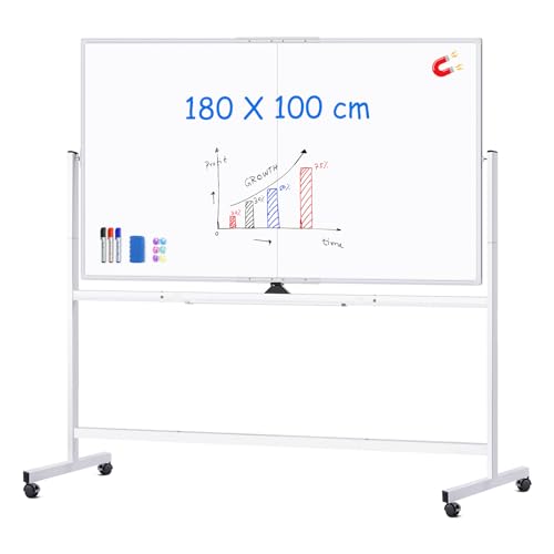 maxtek Pizarra Blanca Móvil 180 x 100 cm, Pizarra Magnética Marco de Aluminio de Doble Cara, con Marcadores, Imanes, Borrador de Pizarra para escuela en casa, oficina