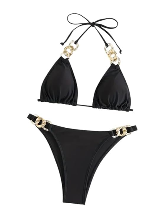 women's 2-piece gold chain bikini set | halter neck triangle string swimsuit top with high-cut cheeky bottoms (black)