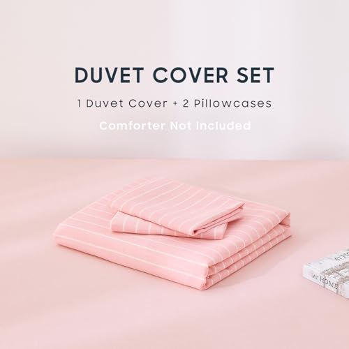 Image of Wake In Cloud - Striped Cotton Duvet Cover Set, Ticking Stripe Vertical Pinstripe Farmhouse, 100% Washed Cotton Textured Bedding Set, 3 Pieces, Pink, Full Size